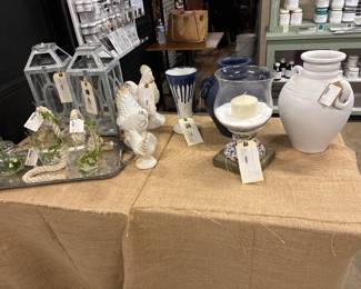Set of 3 white ceramic chickens, wonderful urns, candle lanterns...