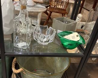 Czech Green Art glass, vint decanter, Orrefors Swedish Corona Crystal Bowls