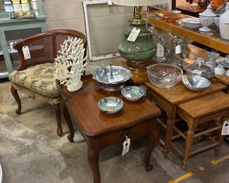 end tables, comfy cane barrel back chair