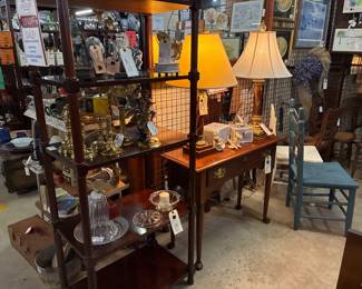 Statton cherry console, great lamps, brass candle sticks...
