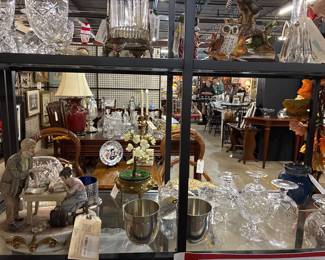Pewter Jefferson Cups, deco figurines, crystal stemware...