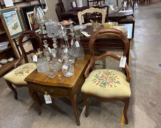 ends tables, 2 parlor chairs AND amazing decanters!