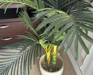 Lot #52 Faux Artificial Tropical Palm Tree Plant in White Ceramic Pot with River Rocks