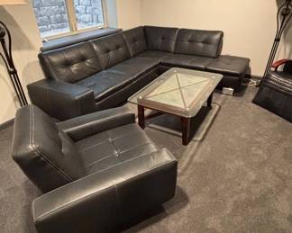 Lot #9 Black Leather Tufted L-Shape Sectional Sofa & Accent Chair Modern Living Room Set