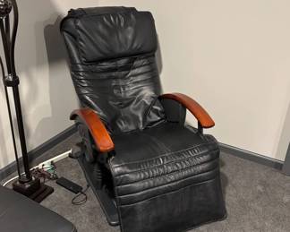 Lot #8 Black Leather Power Massage & Reclining Chair Cherry Wood Armrests, As-Is
