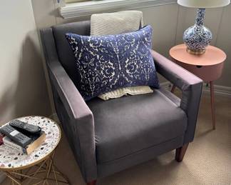 Lot #26 Mid-Century Modern Gray Upholstered Accent Chair Walnut-Finish Tapered Legs