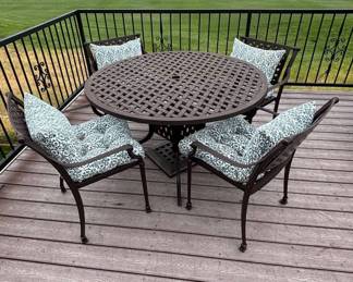 Lot #6 Cast Aluminum Patio Dining Set Round Table 4 Armchairs Bronze Lattice Outdoor