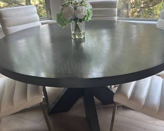 Lot #41 Modern Round Dark Oak Pedestal Dining Table with 6 White Faux Leather Chrome Chairs