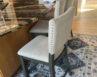Lot #42 Set of 3 Counter Height Bar Stools Gray Linen Upholstered Nailhead Trim Dark Wood