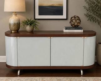 Lot #3 Mid Century Modern Style Walnut & Gloss White 4-Door Sideboard Credenza Buffet Cabinet Oval
