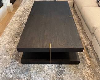 Lot #34 Contemporary Dark Oak Coffee Table Two-Tier Floating Slab Brass Inlay Detail