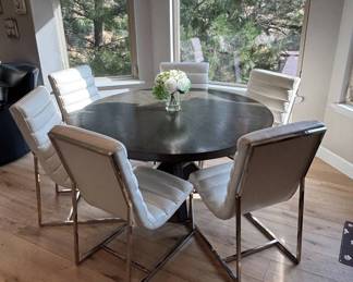 Lot #35 Modern Round Dark Oak Pedestal Dining Table Set 6 Cream Faux Leather Chrome Chairs
