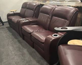 Lot #43 Home Theater Recliner Seating Set Burgundy Leather Cup Holders Media Room