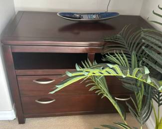 Lot #53 Dark Cherry Wood TV Media Console Cabinet 2 Drawers Open Shelf Contemporary