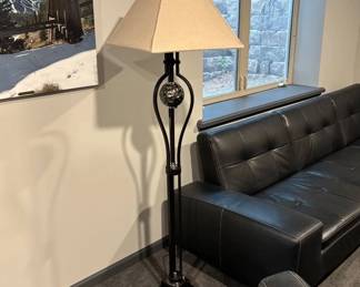 Lot #10 Black Wrought Iron Floor Lamp Golf Ball Accent Beige Linen Shade
