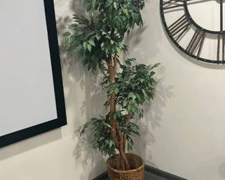 Lot #45 Large Artificial Ficus Tree Silk Leaves Realistic Trunk Wicker Basket Planter