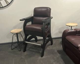Lot #46 Billiard Spectator Chair Dark Wood Burgundy Leather Upholstered Game Room Bar