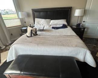 Lot #38 Black Faux Leather Upholstered King Bed Nailhead Headboard Nightstands Bench Set