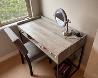 Lot #28 Industrial Farmhouse Gray Wood Vanity Desk Black Metal Frame Drawer Open Shelf
