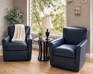 Lot #40 Navy Blue Leather Swivel Accent Chair Modern Club Style Living Room Armchair