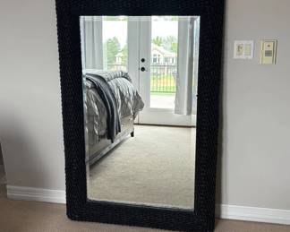 Lot #5 Large Floor Wall Mirror Black Woven Rope Rattan Frame Beveled Glass Boho