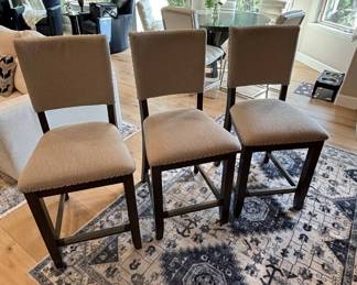 Lot #33 Set of 3 Counter Height Bar Stools Beige Linen Nailhead Trim Dark Wood Legs