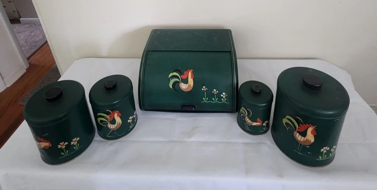 Hand painted Kitchen tin set with bread tin