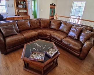 Large leather sectional / Slate topped coffee table
