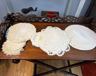 c1920 Tray on Stand and Antique Doilies