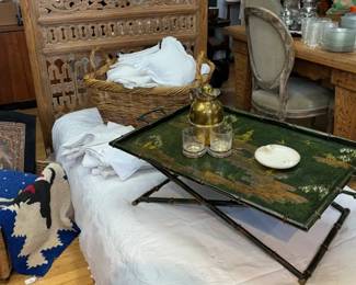 Antique Daybed, Linens, Tray on Stand