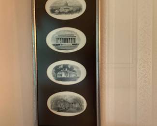 Framed Historical Oval Prints Set — Tall framed grouping of four oval black-and-white historical architectural prints in a silver-gilt frame with dark mat. Each oval depicts a different classical building or estate; overall piece has a narrow rectangular profile suited for hallways or entry walls. Measures approximately 36 inches tall by 12 inches wide and about 1 inch deep, making it lightweight and easy to hang. Frame and prints are in good condition with minor surface wear to the frame and no visible tears or mat stains.