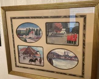Framed Watercolor Scene Quartet — Framed grouping of four watercolor landscape and figure scenes presented within a double mat and gold ribbed frame. The composition includes two oval and two rectangular vignettes depicting riverside village, equestrian market, and a group of figures in red coats; signed lower left on one panel (signature illegible in photos). Overall framed piece is ready to hang and displays light surface wear to the mat and minor scuffs to the frame consistent with normal use. Measurements are provided for the entire framed object; artwork appears in good condition with no visible tears or stains but glass shows reflections making inspection of details difficult.