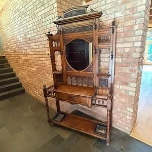 Antique Victorian Eastlake-style Carved Wood Hall Tree with Oval Mirror