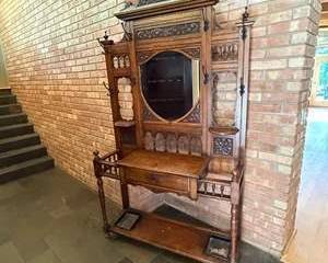 Antique Victorian Eastlake-style Carved Wood Hall Tree with Oval Mirror