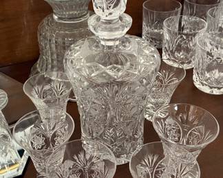 Crystal decanter, cordial glasses
