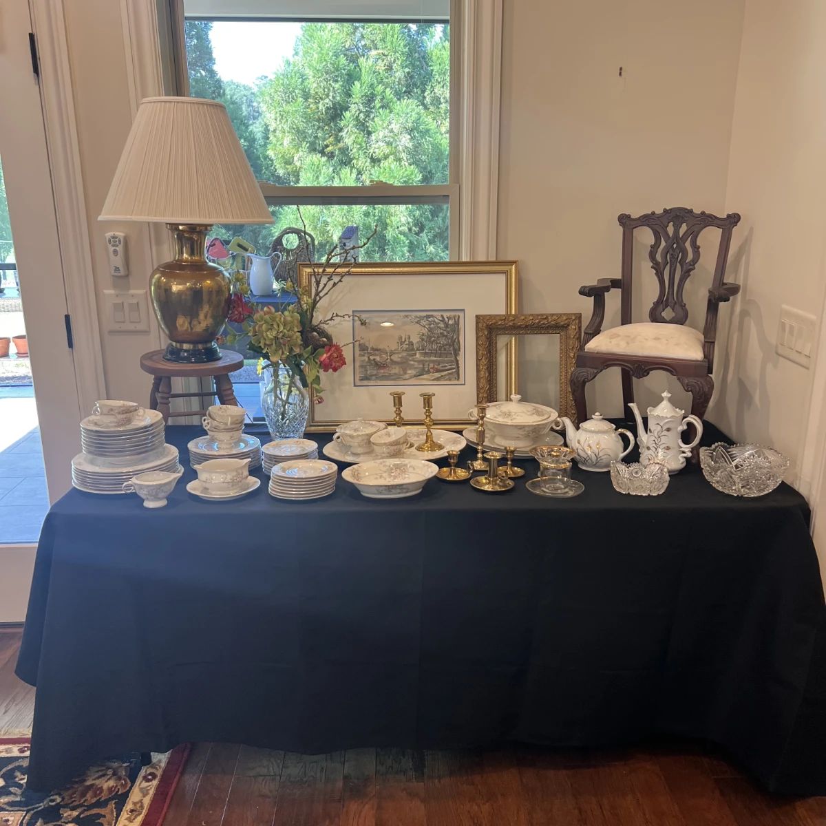 China Sets, brass candleholders, vintage frames