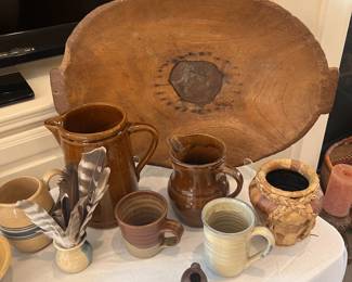Vintage wooden bread bowl and pottery