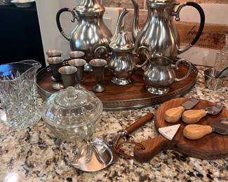 Silver wooden tray and set, glassware, cheese set
