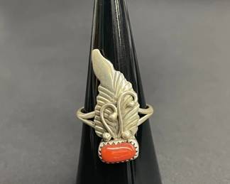 Lot 620h  Signed sterling silver ring with red coral leaf
