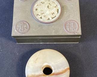 Lot 351h  Asian metal trinket box with jade insert