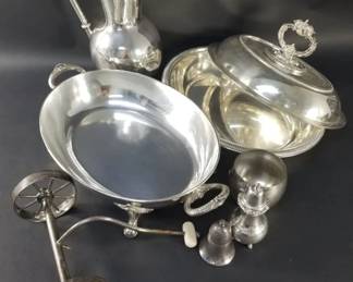 Lot 387  Box of silver coated dish, wine holder, salt and