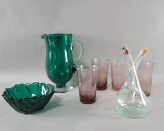 Lot 420  Vintage hand blown tumblers, pitcher, etc