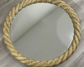 Lot 378h  Vintage round mirror with wood and glass frame
