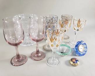 Lot 302  Group of vintage crystal wine glasses, desk