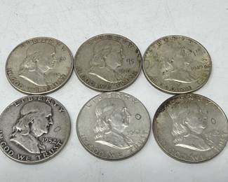 076  Lot 35  Group of six silver Franklin half dollar coins