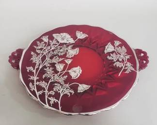 Lot 494  Ruby red glass handled tray with silver overlay