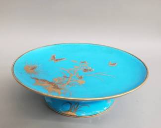 Lot 495  Turquoise porcelain compote with gilt floral