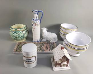 Lot 392  Box of pottery and ceramic, bowls, canister,