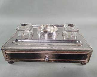 Lot 471  Antique silver plate and wood inkwell with glass