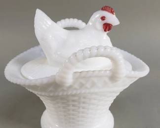 Lot 175  Vintage milk glass hen on nest covered bowl